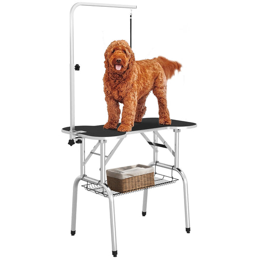 Photo of PawHut Foldable Dog Grooming Table Pet Drying Table with Adjustable Arm Non-Slip Rubber Tabletop Aluminium Alloy Edge Stainless Steel Bar Sling 94.5 x 55 x 81cm Black in Black colour on a white background