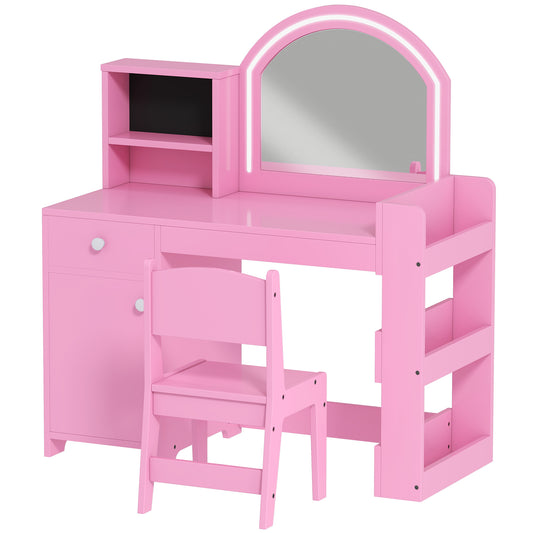 Photo of AIYAPLAY Kids Vanity Table and Chair Set, Girls Dressing Table with 2-Colour LED Mirror, Stool, Cabinet, Drawer, Shelves, Pink in Pink colour on a white background