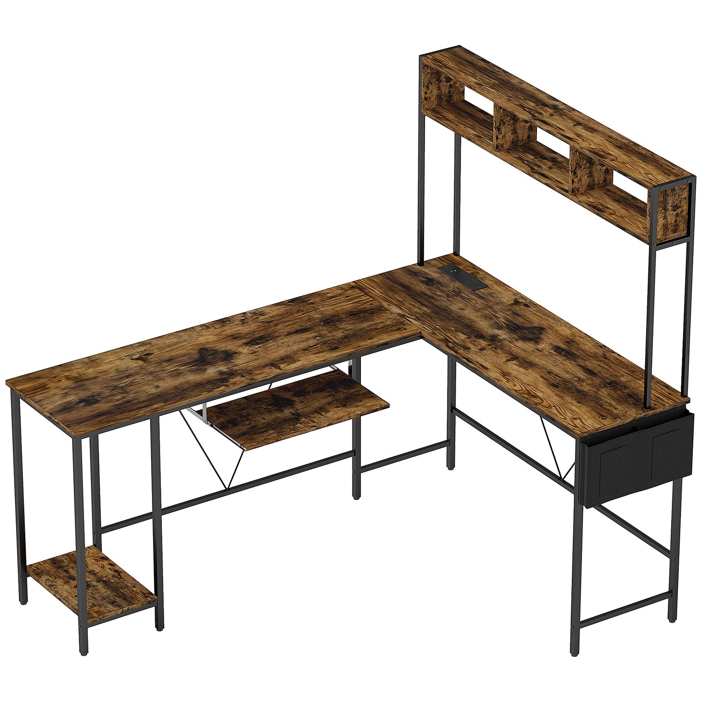 Photo of HOMCOM 160cm Reversible L Shaped Desk with Power Outlet, Industrial Corner Desk with Keyboard Tray, Rustic Brown in Brown colour on a white background