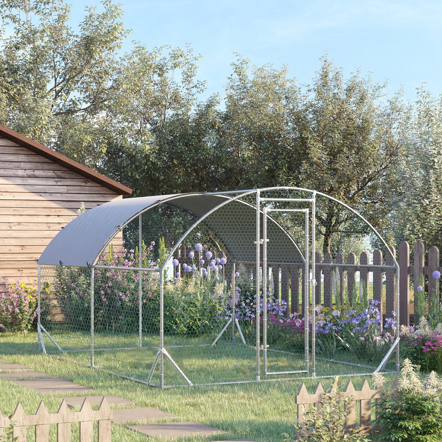 PawHut 2.8 x 3.8 x 2m Walk In Chicken Run Galvanised Chicken Coop with Water-Resist Cover, Silver