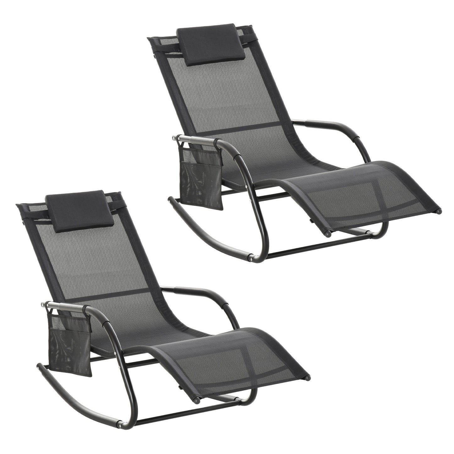 Photo of Outsunny 2PCs Outdoor Garden Rocking Chair, Patio Sun Lounger Rocker Chair with Breathable Mesh Fabric, Removable Headrest Pillow, Armrest, Side Storage Bag, Black in Black colour on a white background