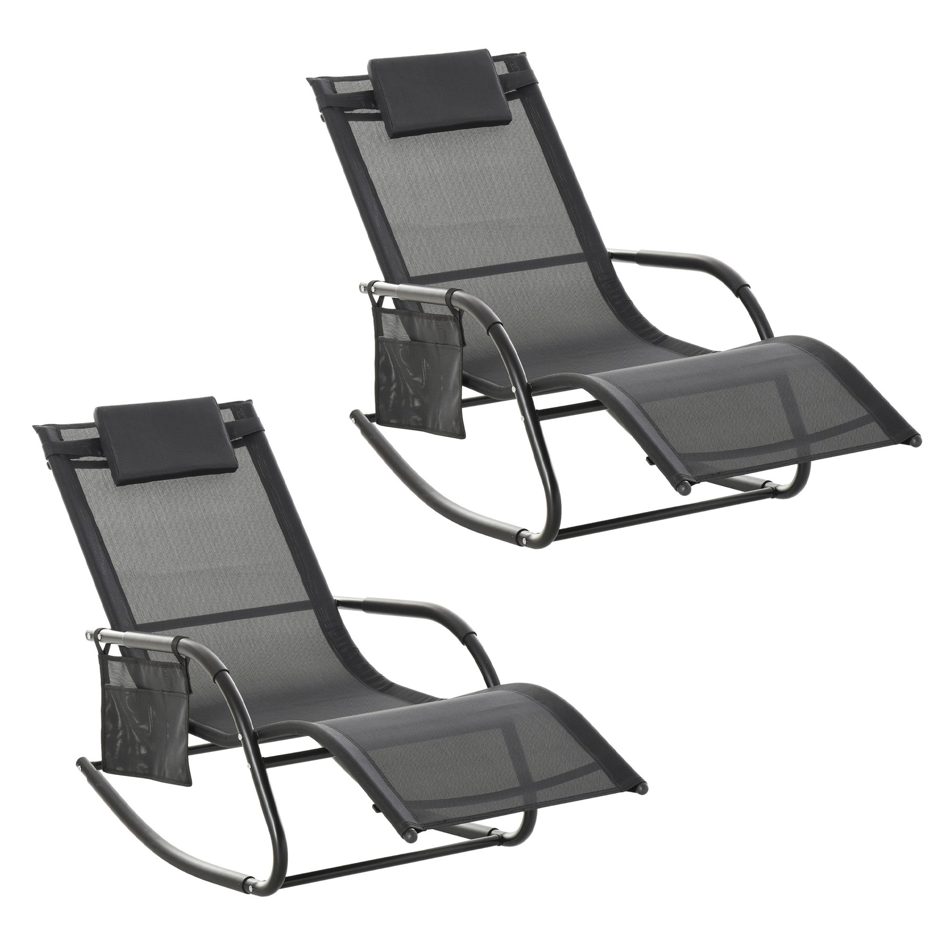 Photo of Outsunny 2PCs Outdoor Garden Rocking Chair, Patio Sun Lounger Rocker Chair with Breathable Mesh Fabric, Removable Headrest Pillow, Armrest, Side Storage Bag, Black in Black colour on a white background