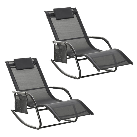 Photo of Outsunny 2PCs Outdoor Garden Rocking Chair, Patio Sun Lounger Rocker Chair with Breathable Mesh Fabric, Removable Headrest Pillow, Armrest, Side Storage Bag, Black in Black colour on a white background