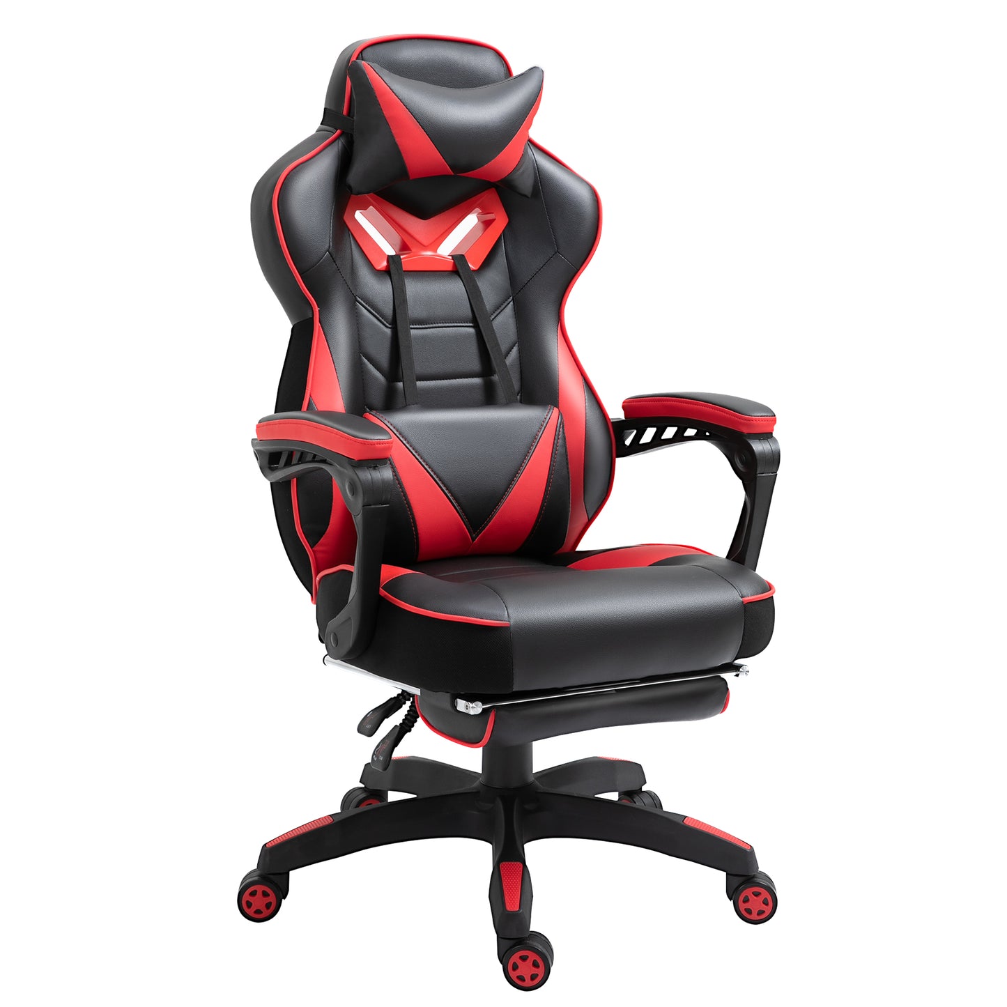 Photo of Vinsetto Computer Gaming Chair, Racing Desk Chair with Lumbar Support and Footrest, PU Leather Gamer Chair with Headrest and Swivel Wheels for Home, Red in Red colour on a white background