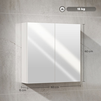 HOMCOM white bathroom mirror cabinet, 60 cm wide and 60 cm high, with 15 cm depth