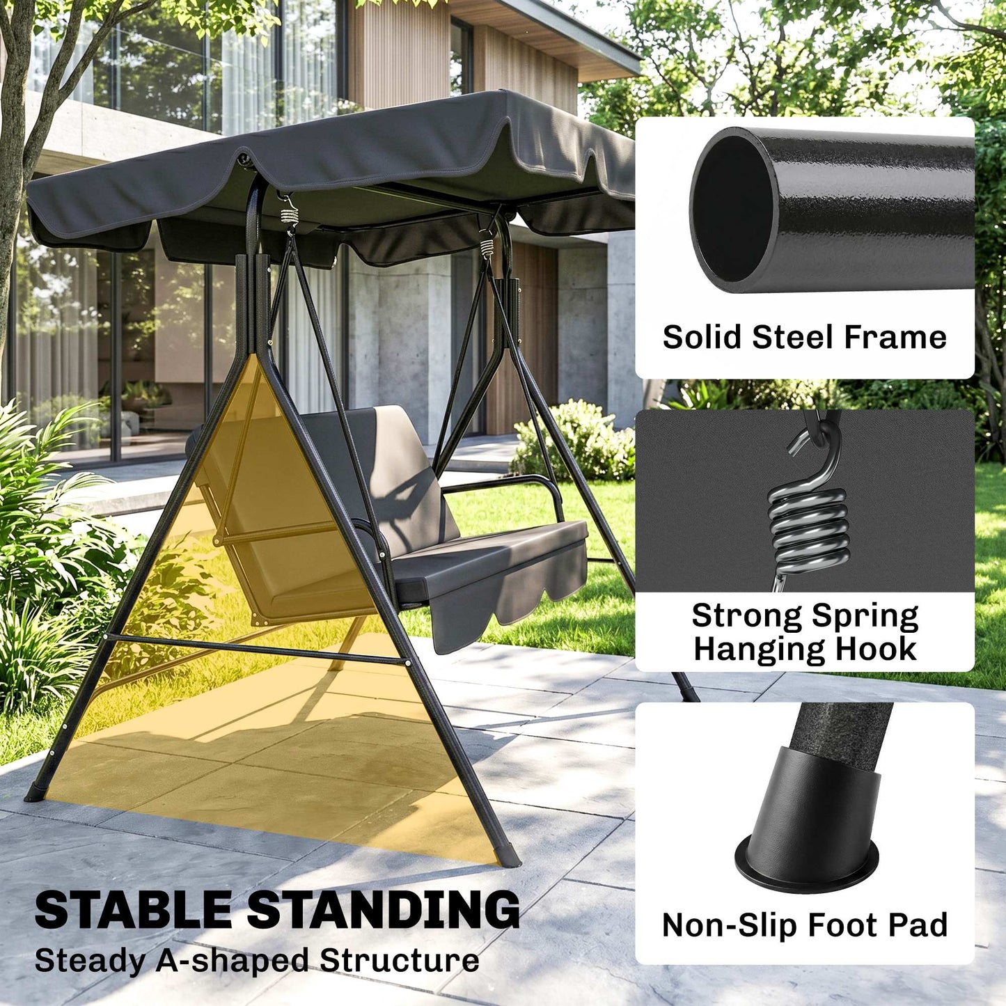 Outsunny Three-Seater Garden Swing Chair, with Adjustable Canopy - Black