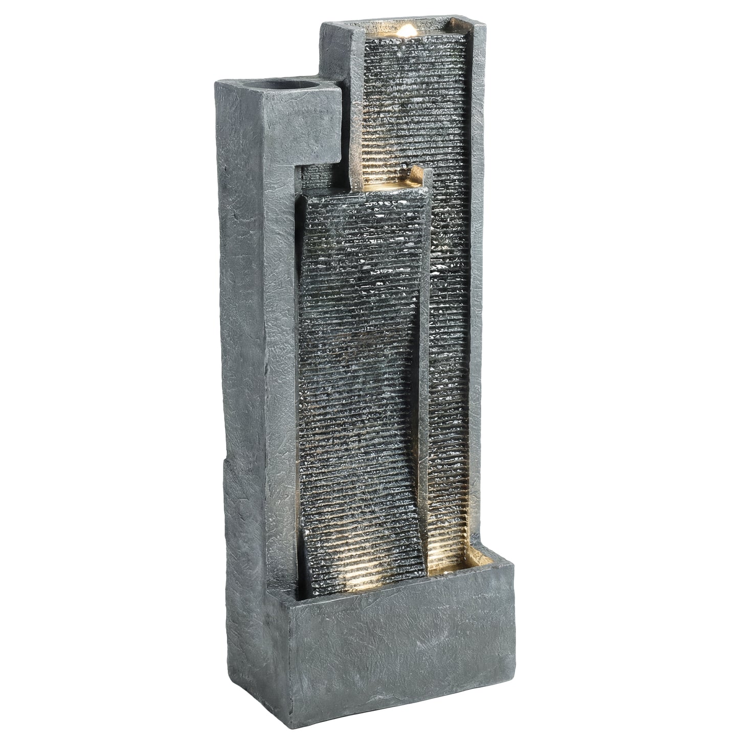 Photo of Outsunny Water Feature with LED Lights and Planter, 3-Tier Garden Water Fountain with Pump, Resin Waterfall Feature, Dark Grey in Grey colour on a white background