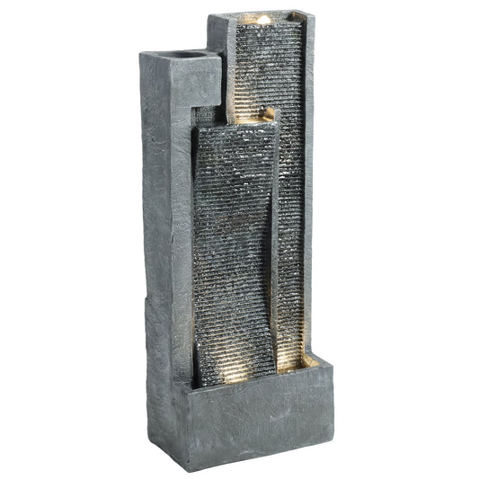 Photo of Outsunny Water Feature with LED Lights and Planter, 3-Tier Garden Water Fountain with Pump, Resin Waterfall Feature, Dark Grey in Grey colour on a white background