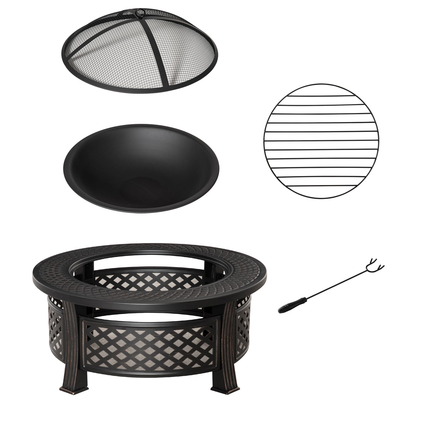Photo of Outsunny Outdoor Fire Pit, Firepit with Grill Net, Mesh Lid, Poker, for Camping, Bonfire, Picnic, Bronze Tone in Tone colour on a white background