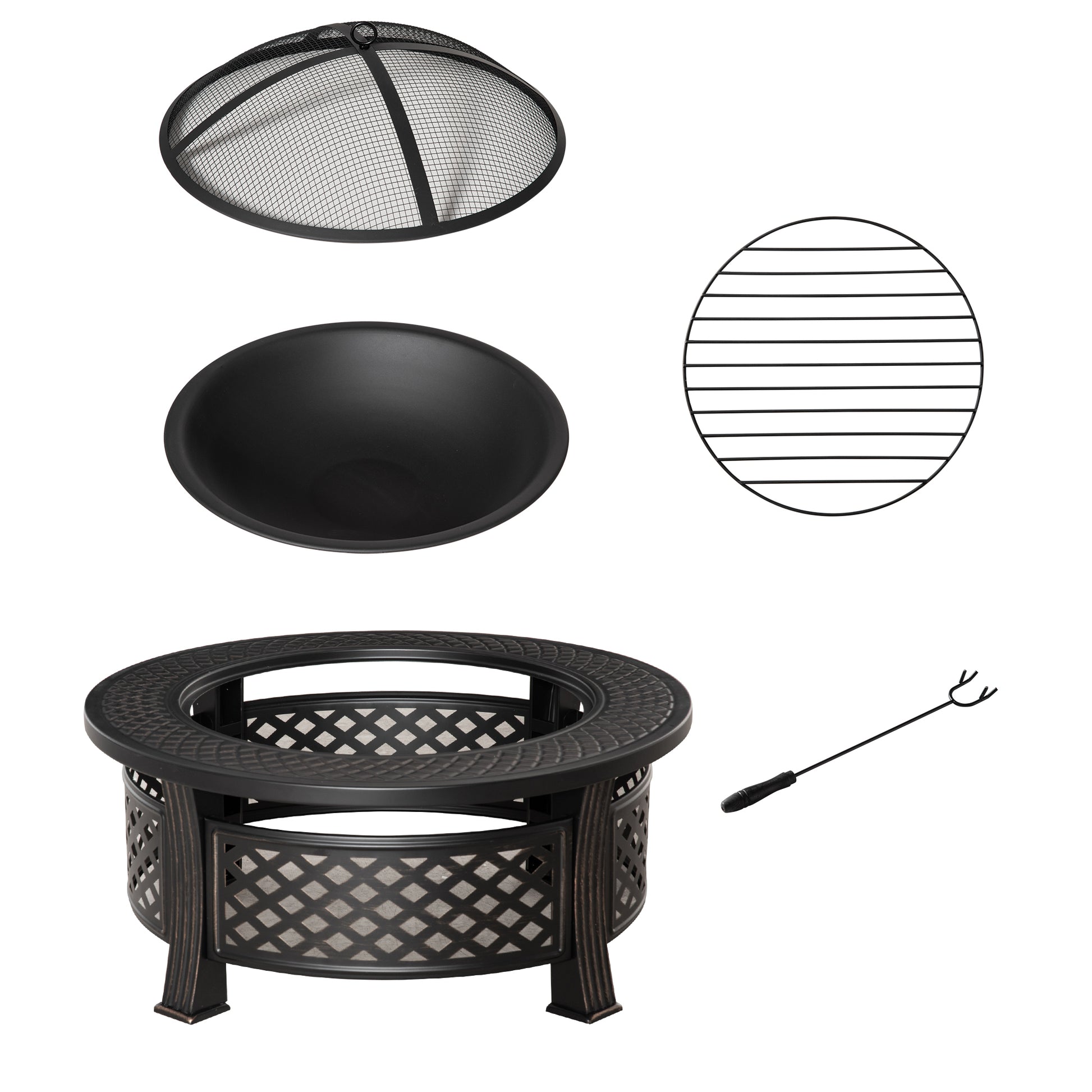 Photo of Outsunny Outdoor Fire Pit, Firepit with Grill Net, Mesh Lid, Poker, for Camping, Bonfire, Picnic, Bronze Tone in Tone colour on a white background