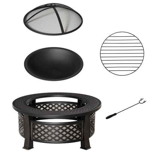 Photo of Outsunny Outdoor Fire Pit, Firepit with Grill Net, Mesh Lid, Poker, for Camping, Bonfire, Picnic, Bronze Tone in Tone colour on a white background