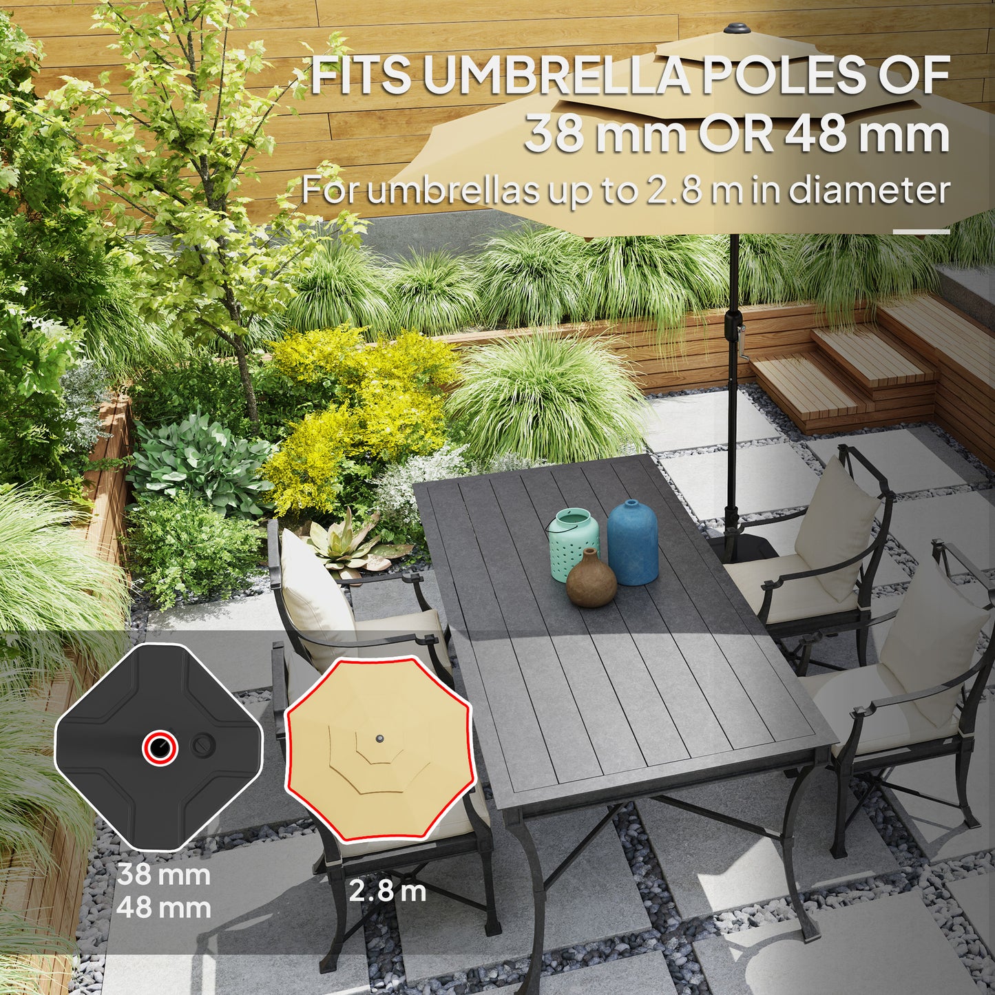 Outsunny Square Garden Parasol Base, Garden Umbrella Stand Heavy Duty Parasol Base, Filled Up to 25kg with Sand or 20kg with Water for for 38, 48 mm Poles, Black