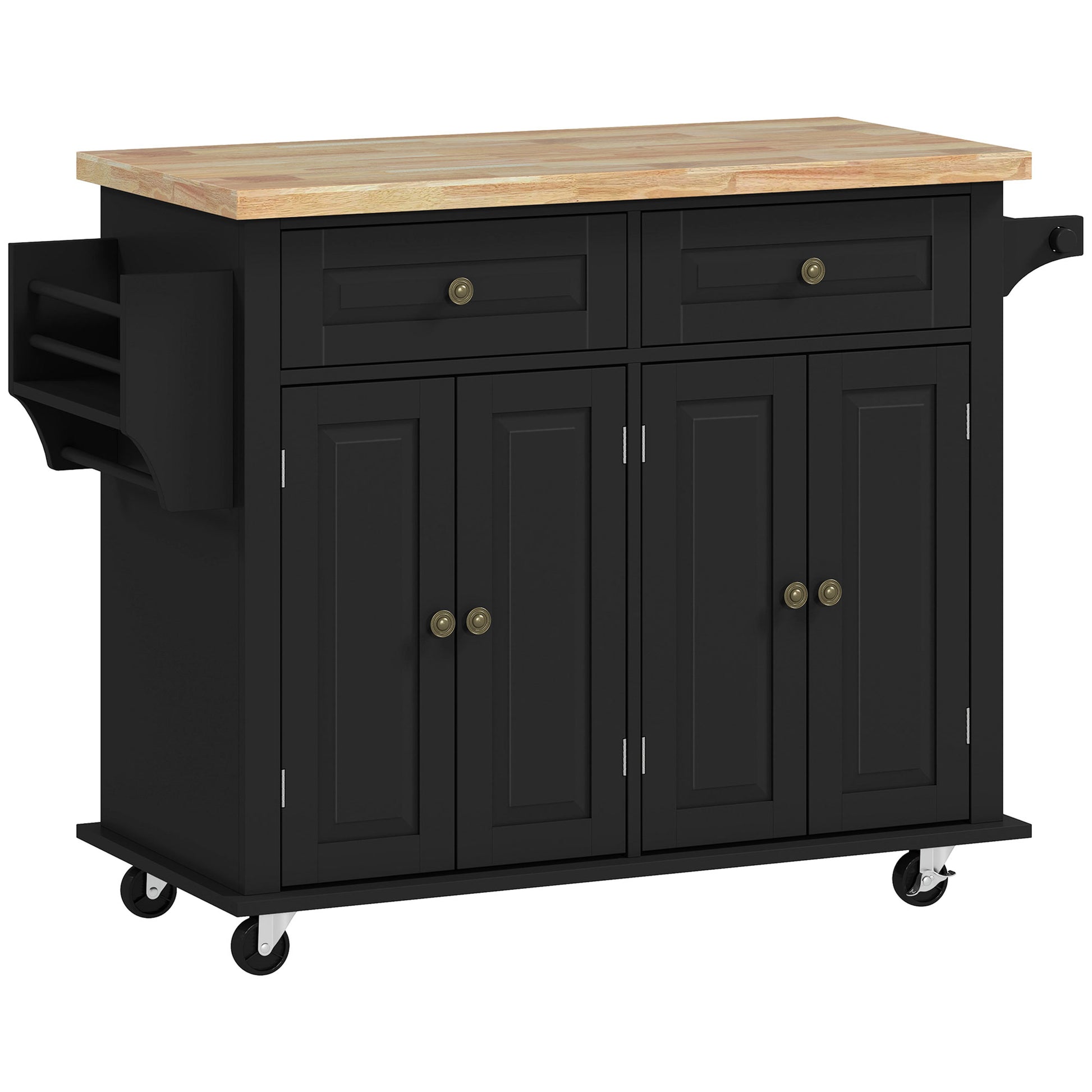 Photo of HOMCOM Rolling Kitchen Island Storage Trolley with Rubber Wood Top & Drawers for Dining Room, Black in Black colour on a white background