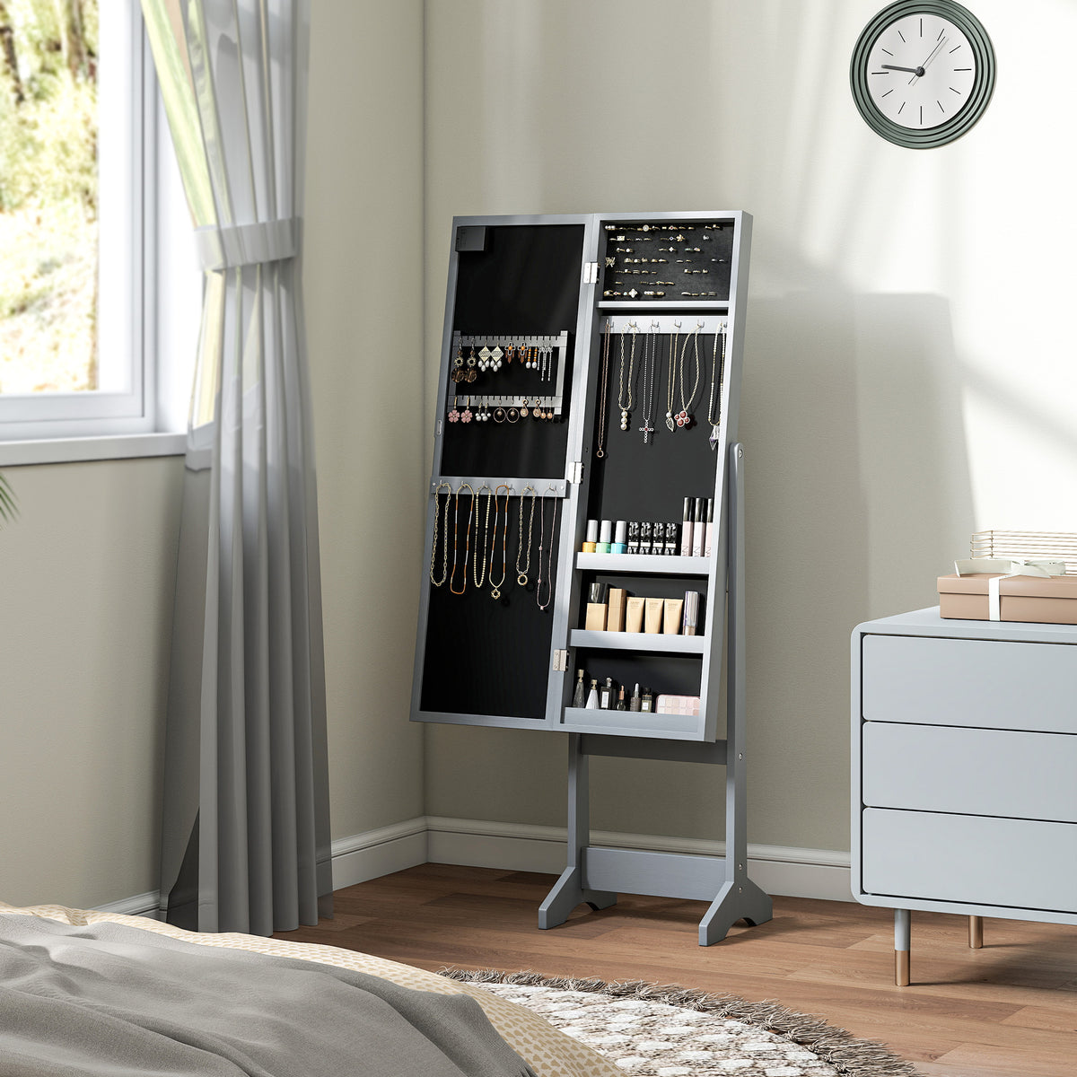 HOMCOM Freestanding Mirrored Jewellery Storage Cabinet - Grey