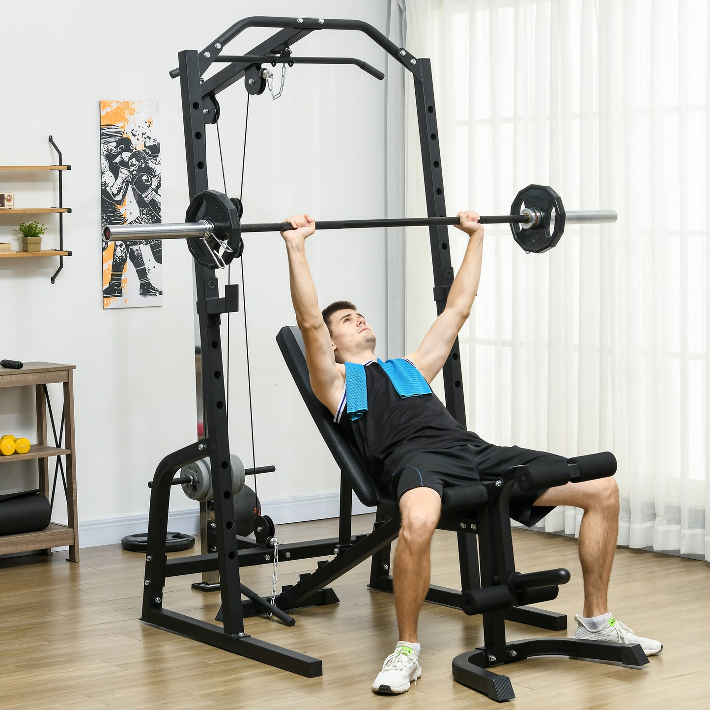 SPORTNOW Smith Machine & Cable Pulley System with Adjustable Weight Bench, Multifunction Home Gym Power Rack with Lat Pull Down System, Barbell Rack for Full Body Training, Black