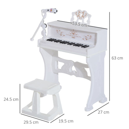 White kids' piano and stool set with microphone; dimensions shown.