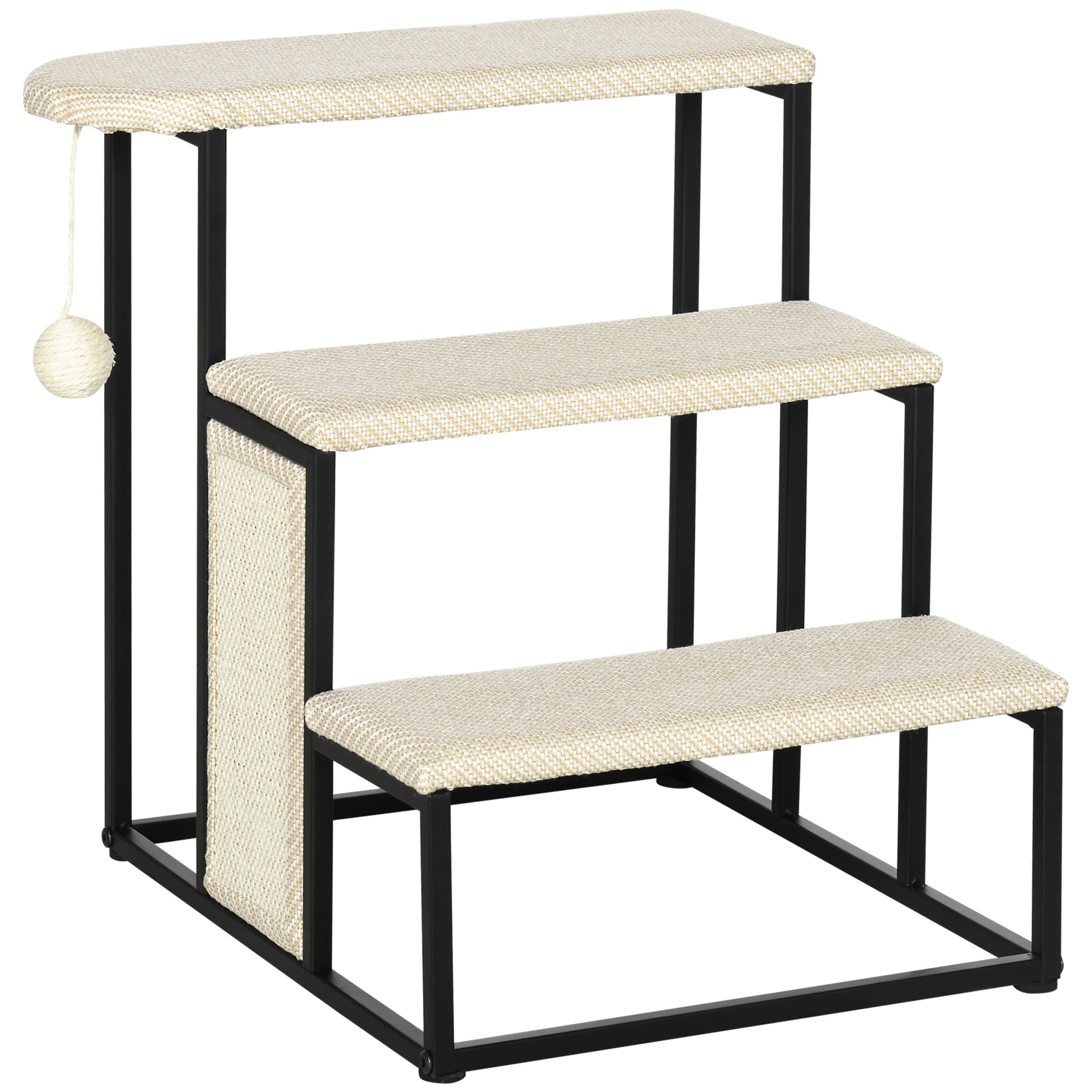 Photo of PawHut Three-Step Pet Stairs, with Sisal Scratching Board, Toy Hanging Ball, Steel Frame in Frame colour on a white background