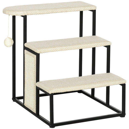 Photo of PawHut Three-Step Pet Stairs, with Sisal Scratching Board, Toy Hanging Ball, Steel Frame in Frame colour on a white background