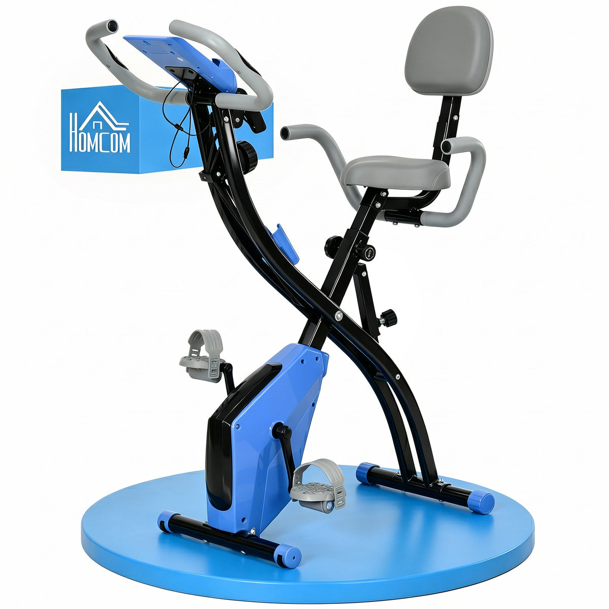 Photo of HOMCOM 2-in-1 Folding Exercise Bike with 8-Level Magnetic Resistance, Arm Resistance Band, Pulse Sensor, Blue in Blue colour on a white background