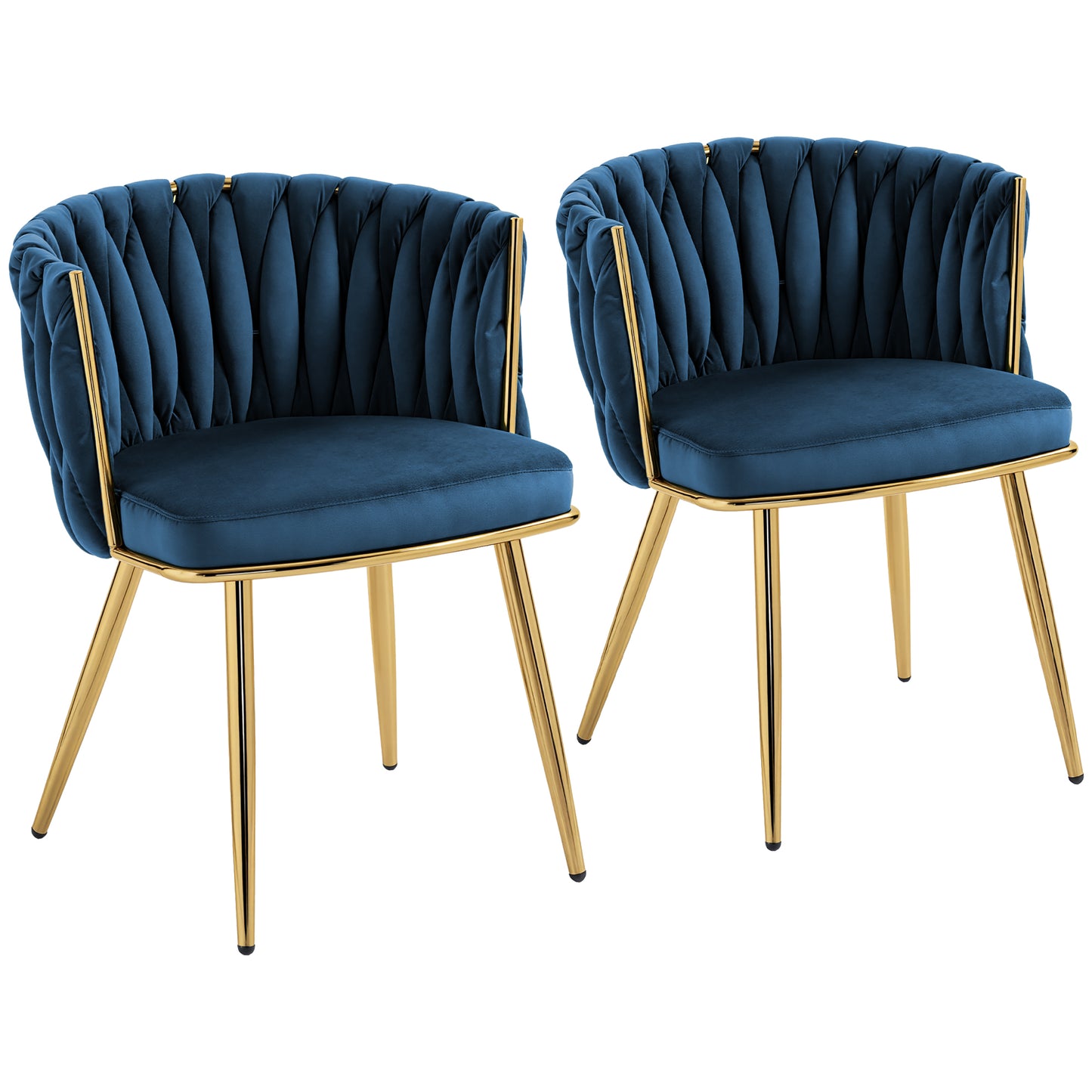 Photo of HOMCOM Velvet-Feel Dining Chairs Set of 2, Modern Upholstered Armchair with Knot Design and Golden Metal Legs, Accent Chair for Dining Room, Bedroom, Kitchen, Living Room, Dark Blue in Blue colour on a white background