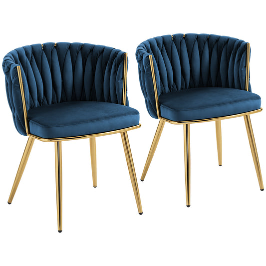 Photo of HOMCOM Velvet-Feel Dining Chairs Set of 2, Modern Upholstered Armchair with Knot Design and Golden Metal Legs, Accent Chair for Dining Room, Bedroom, Kitchen, Living Room, Dark Blue in Blue colour on a white background