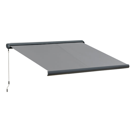 Photo of Outsunny 3.5x3m LED Light Full Cassette Case Electric/Manual Awning Door Window Sun Shade Patio Canopy Retractable w/ Remote Grey in Grey colour on a white background