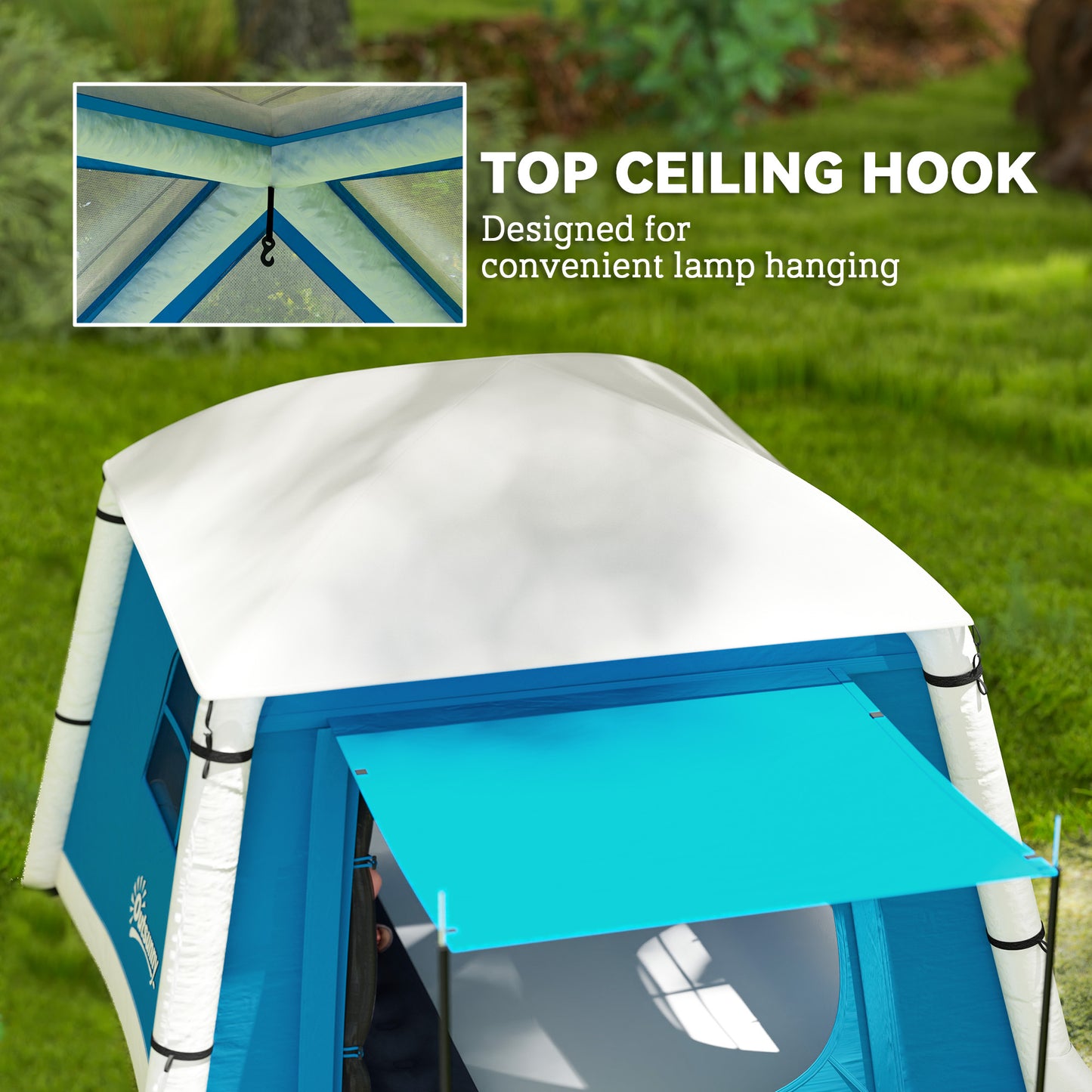 Outsunny Inflatable Camping Tent w/ Hand Pump, Easy Setup 1/2 Person Blow Up Tent Waterproof 190T Taffeta w/ Mesh Windows, Doors and Carry Bag, Light Blue