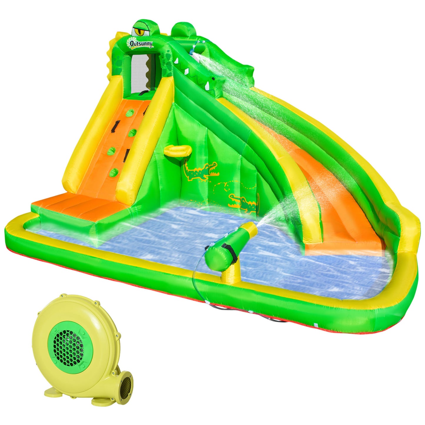 Photo of Outsunny Kids Bouncy Castle, 5 in 1 Large Crocodile Style Inflatable House Slide Basket Water Pool Gun Climbing Wall with Blower Carrybag for Kids Age 3-8, 3.85 x 2.85 x 2.25m in 2.25m colour on a white background