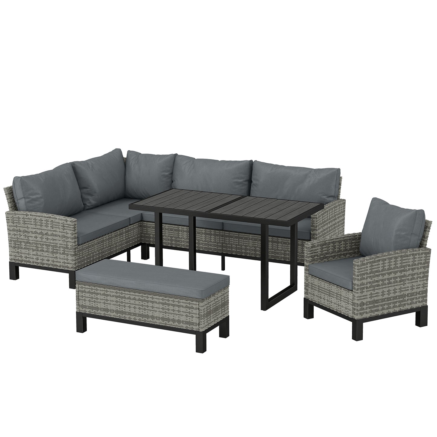 Photo of Outsunny 9 Seater Rattan Garden Furniture Corner Sofa Set, Outdoor Dining Set with Faux Wood Table, Ottoman, Cushions, Dark Grey in Grey colour on a white background