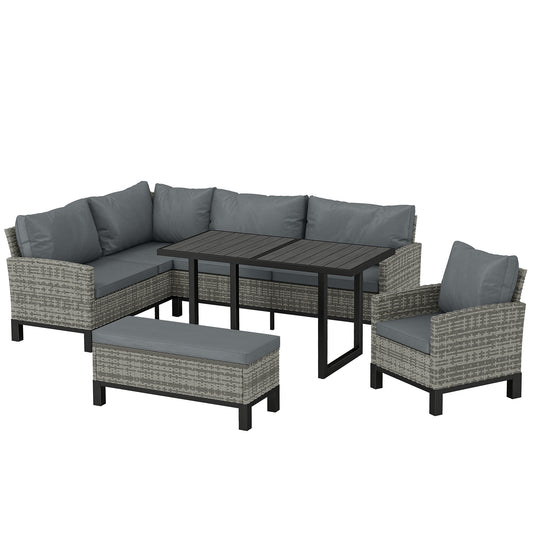 Photo of Outsunny 9 Seater Rattan Garden Furniture Corner Sofa Set, Outdoor Dining Set with Faux Wood Table, Ottoman, Cushions, Dark Grey in Grey colour on a white background