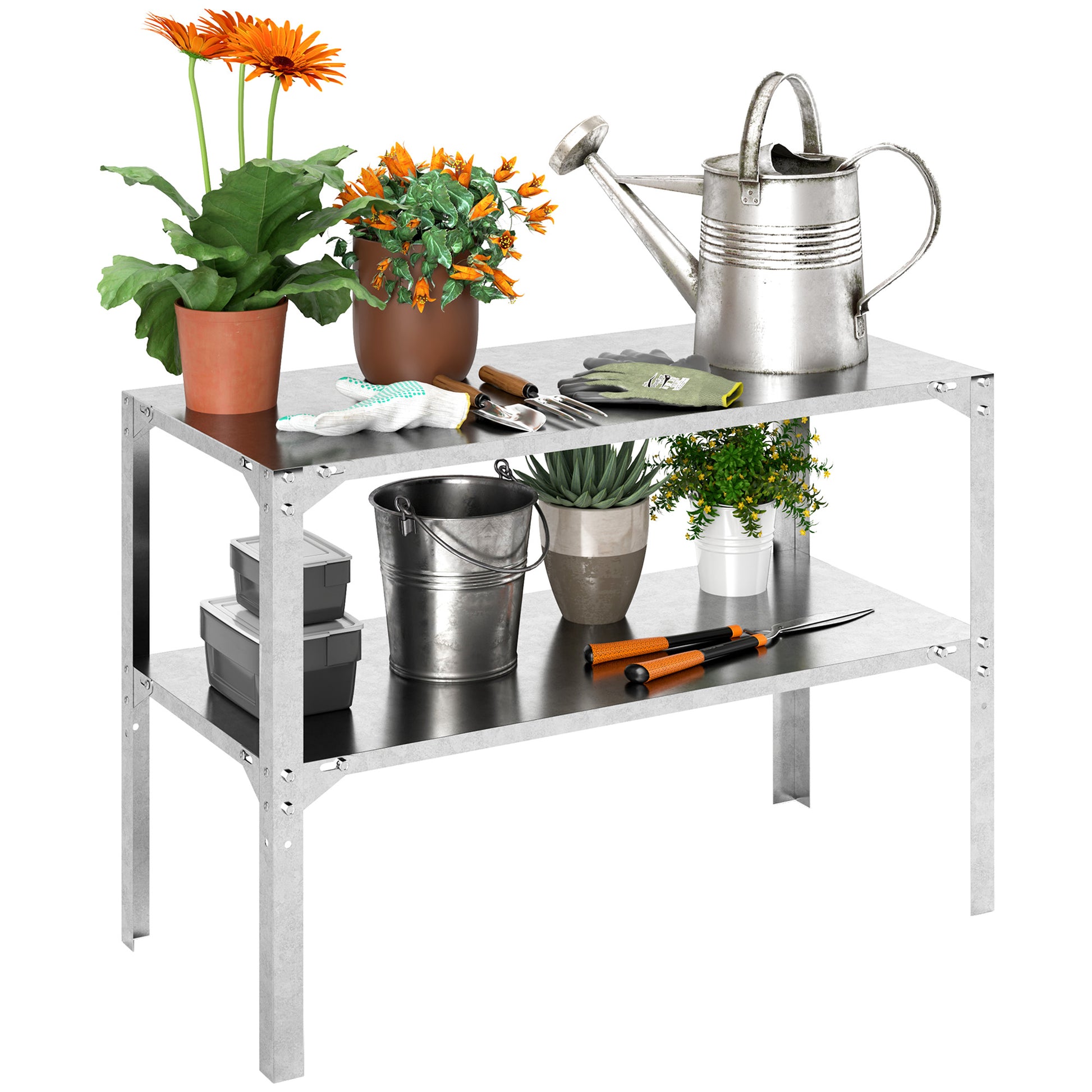 Photo of Outsunny 2 Tier Potting Bench Table, Galvanised Steel Garden Planting Work Bench Workstation with Storage Shelf for Outdoor, Patio, Greenhouse, 110 x 50 x 75 cm, Silver Tone in Tone colour on a white background