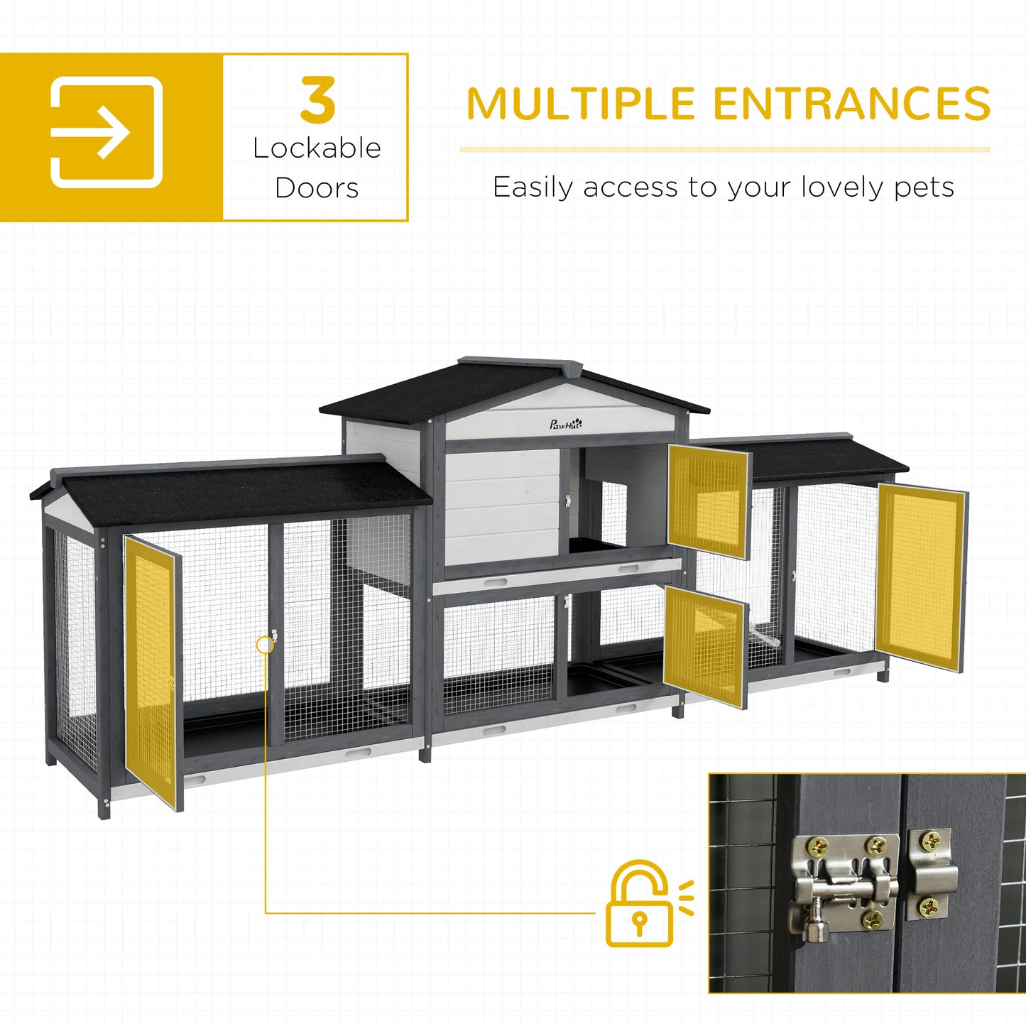 PawHut 2-Tier Large Rabbit Hutch Outdoor with Double Side Run Boxes, No-leak Plastic Tray, Ramp, 230 x 53 x 93.5cm, Light Grey