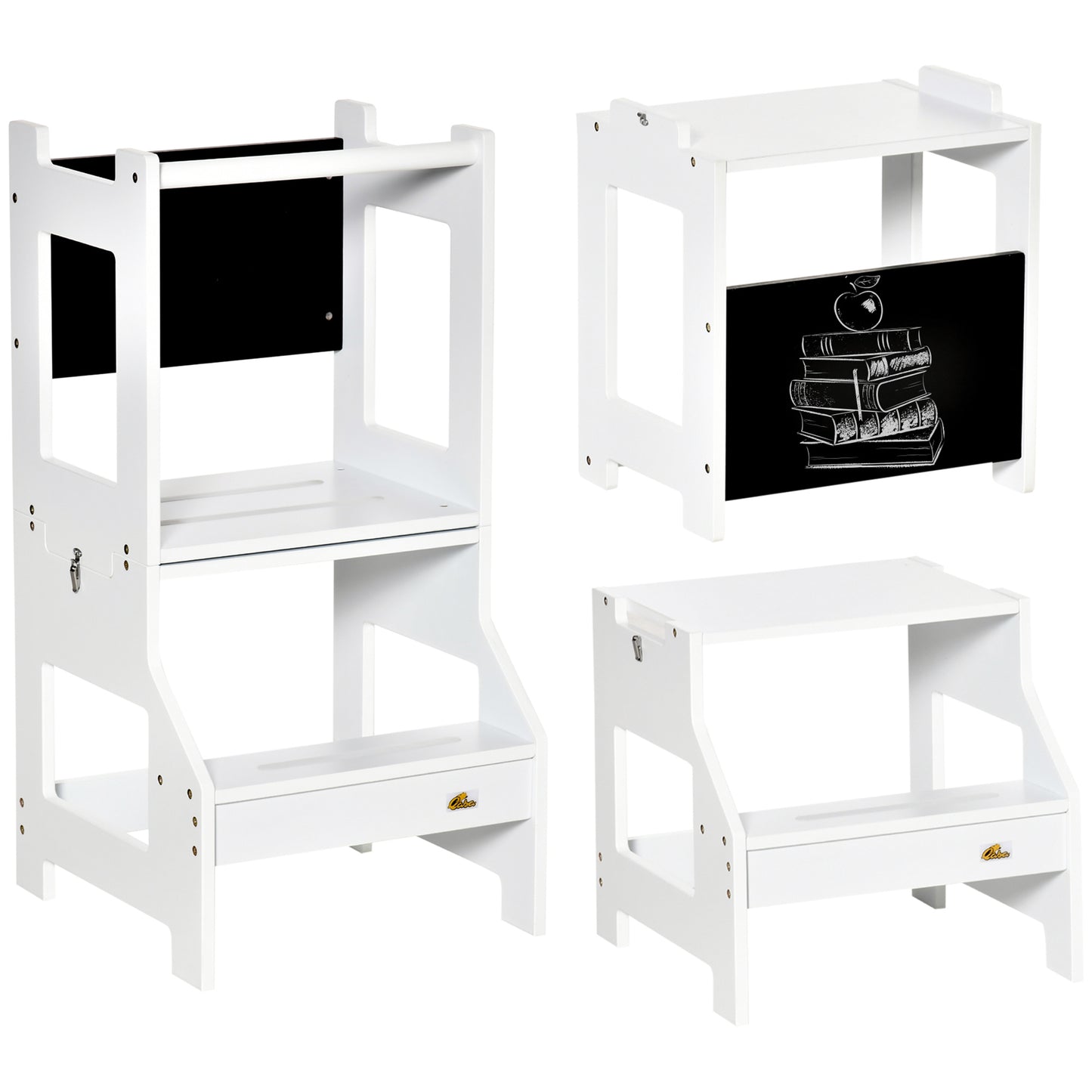 Photo of HOMCOM Toddler Step Stool for Kids, 2 in 1 Foldable Step Stool with Security Rail and Chalkboard for Kitchen Bathroom, White in White colour on a white background