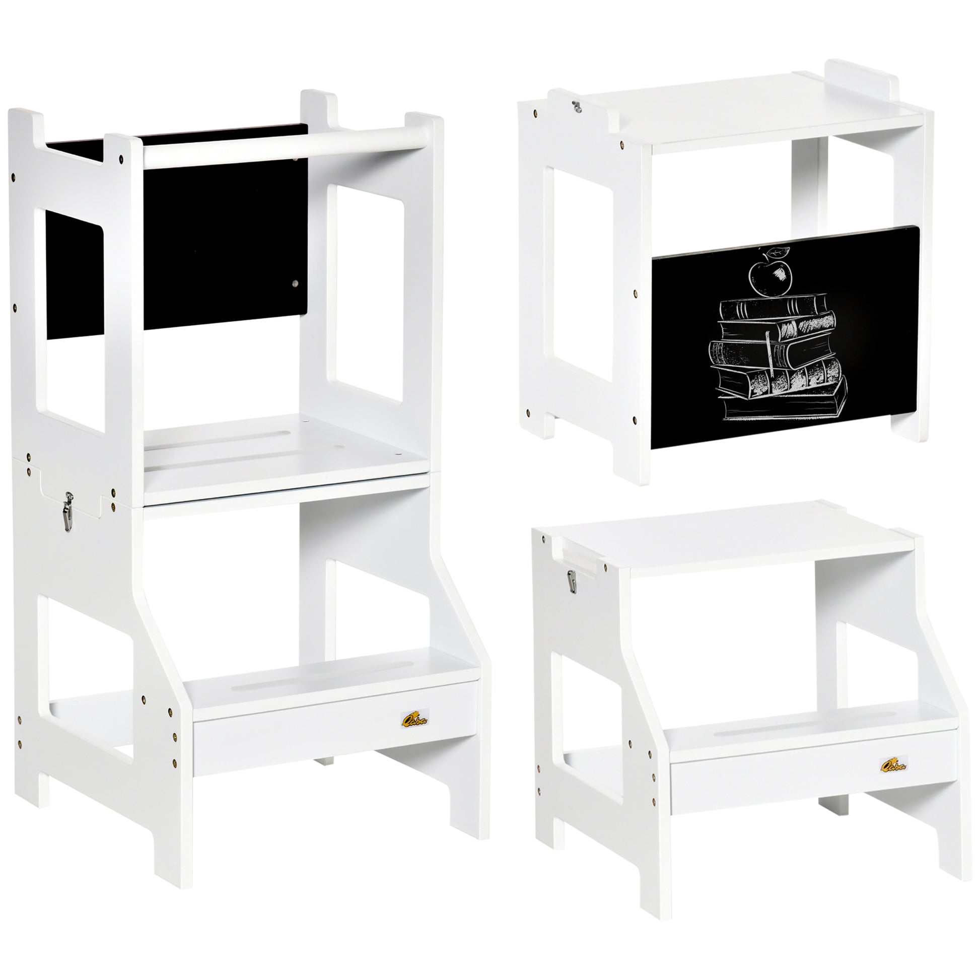 Photo of HOMCOM Toddler Step Stool for Kids, 2 in 1 Foldable Step Stool with Security Rail and Chalkboard for Kitchen Bathroom, White in White colour on a white background