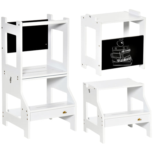 Photo of HOMCOM Toddler Step Stool for Kids, 2 in 1 Foldable Step Stool with Security Rail and Chalkboard for Kitchen Bathroom, White in White colour on a white background