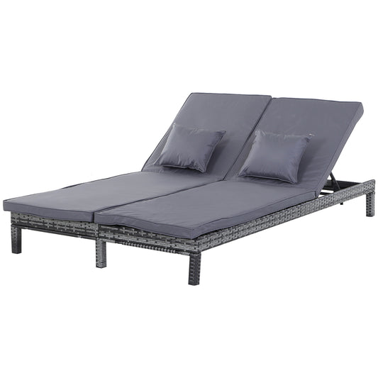 Photo of Outsunny 2 Seater Rattan Lounger Adjustable Double Chaise Chair Loveseat w/ Cushion - Grey in Grey colour on a white background