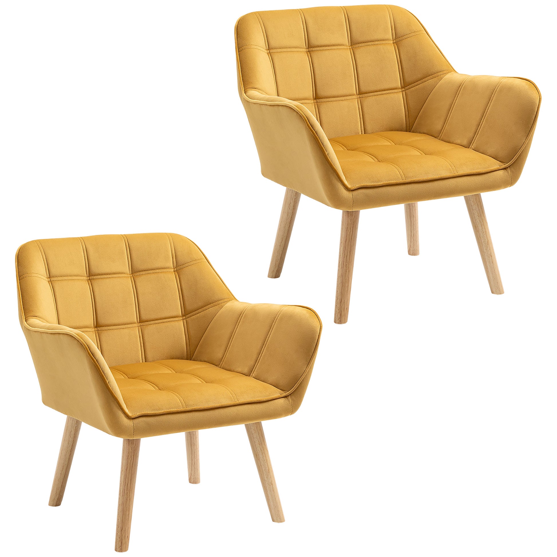 Photo of HOMCOM Accent Chair, Velvet Upholstered Vanity Tub Chair with Flared Armrests, Slanted Back, Solid Wood Legs, Comfy Padding Armchair, Home Bedroom Furniture Seating, Set of 2, Yellow in Yellow colour on a white background