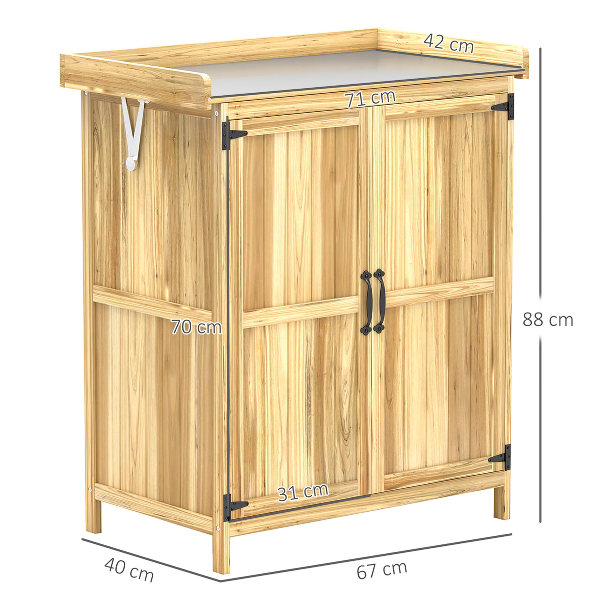 Outsunny fir wood shed with metal worktop and dimension markings
