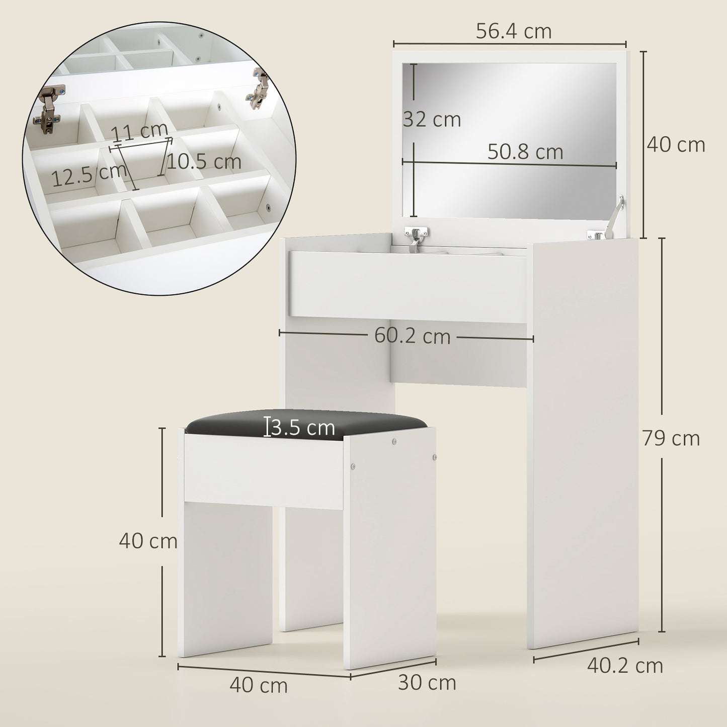 HOMCOM Dressing Table with Mirror and Stool, Vanity Makeup Table with Flip Up Mirror, Vanity Desk with Storage Unit and Padded Seat, White