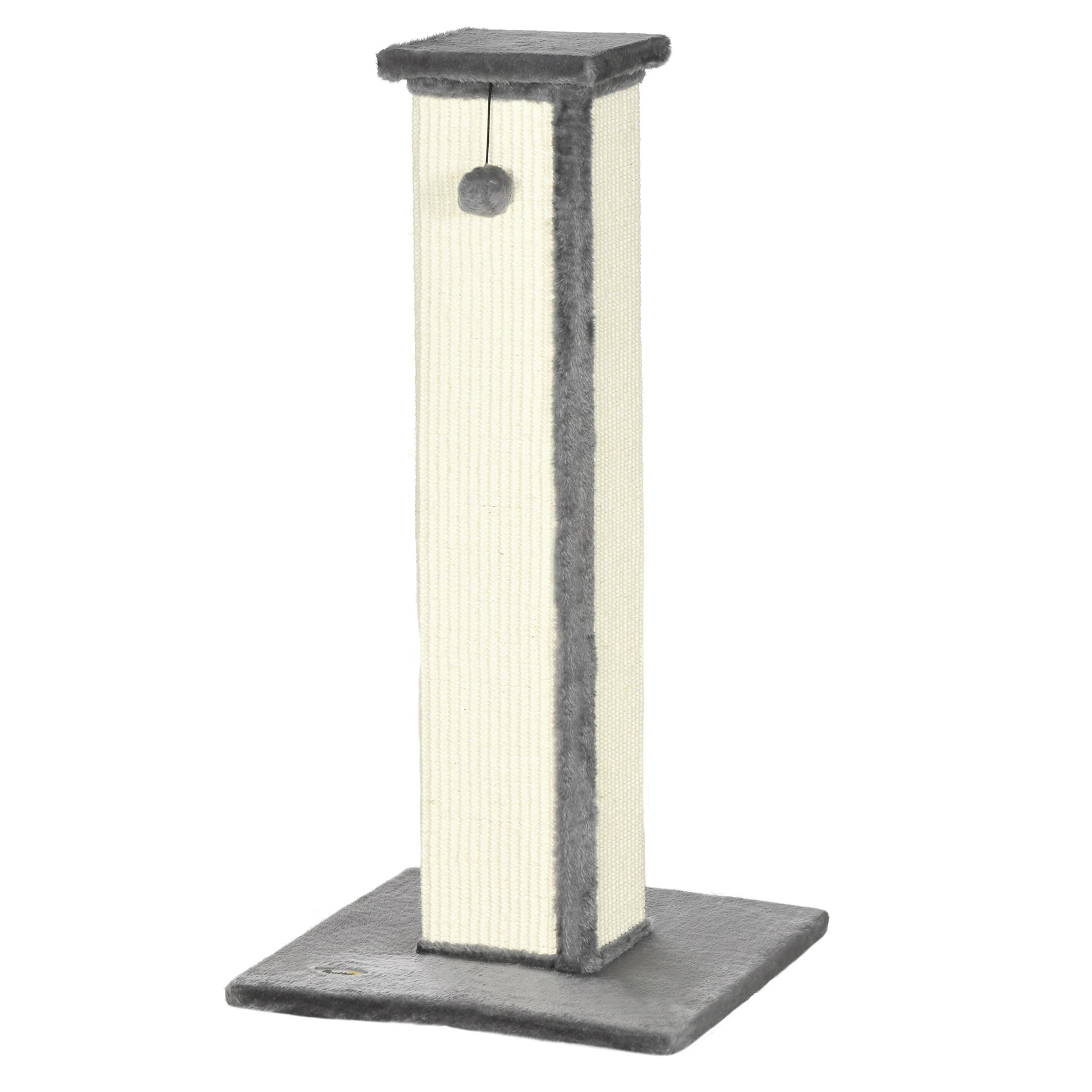 Photo of PawHut 81cm Cat Scratcher, Vertical Full Scratcher w/ Natural Sisal Rope, Hanging Ball, Soft Plush - Grey in Grey colour on a white background