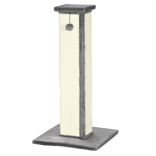 Photo of PawHut 81cm Cat Scratcher, Vertical Full Scratcher w/ Natural Sisal Rope, Hanging Ball, Soft Plush - Grey in Grey colour on a white background