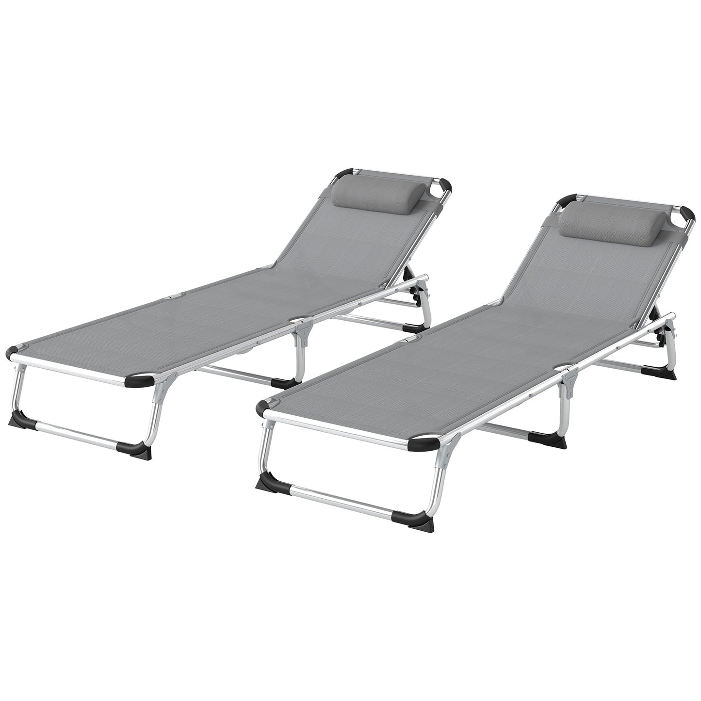 Photo of Outsunny Foldable Outdoor Sun Lounger Set of 2, Reclining Lounge Chair Camping Bed Cot with Pillow 4-Level Adjustable Back Aluminium Frame, Light Grey in Grey colour on a white background