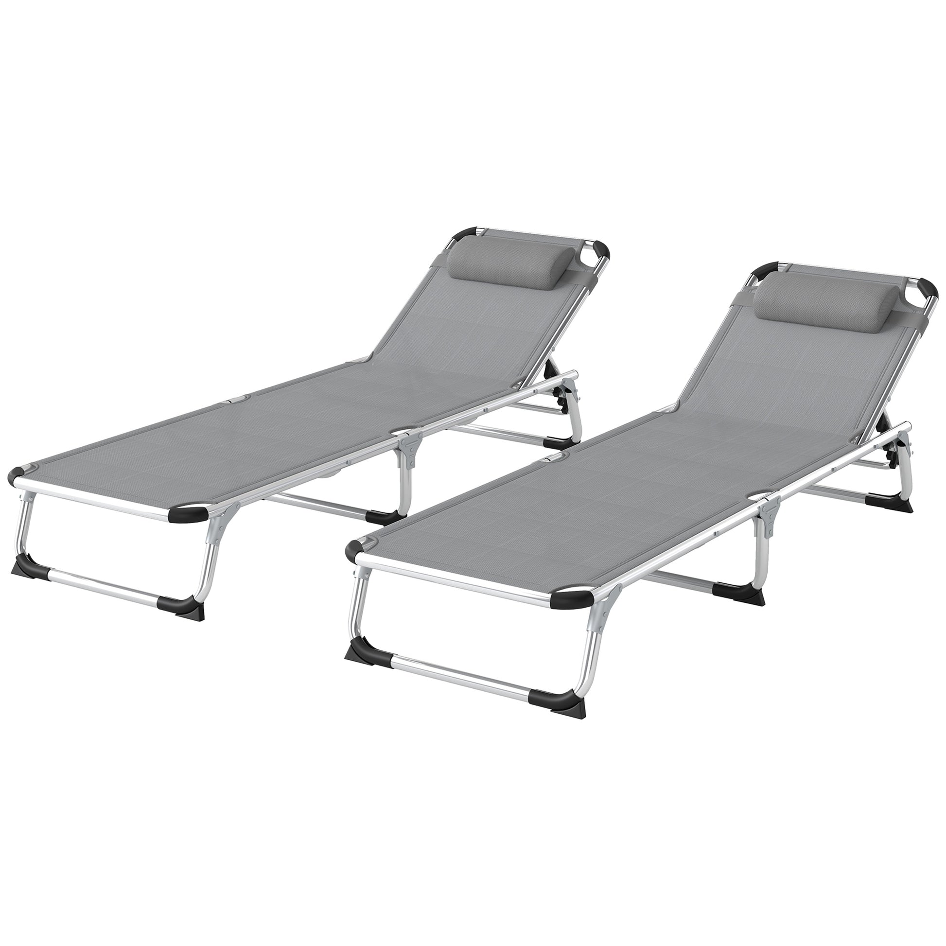 Photo of Outsunny Foldable Outdoor Sun Lounger Set of 2, Reclining Lounge Chair Camping Bed Cot with Pillow 4-Level Adjustable Back Aluminium Frame, Light Grey in Grey colour on a white background