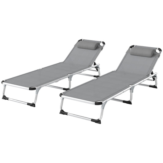 Photo of Outsunny Foldable Outdoor Sun Lounger Set of 2, Reclining Lounge Chair Camping Bed Cot with Pillow 4-Level Adjustable Back Aluminium Frame, Light Grey in Grey colour on a white background