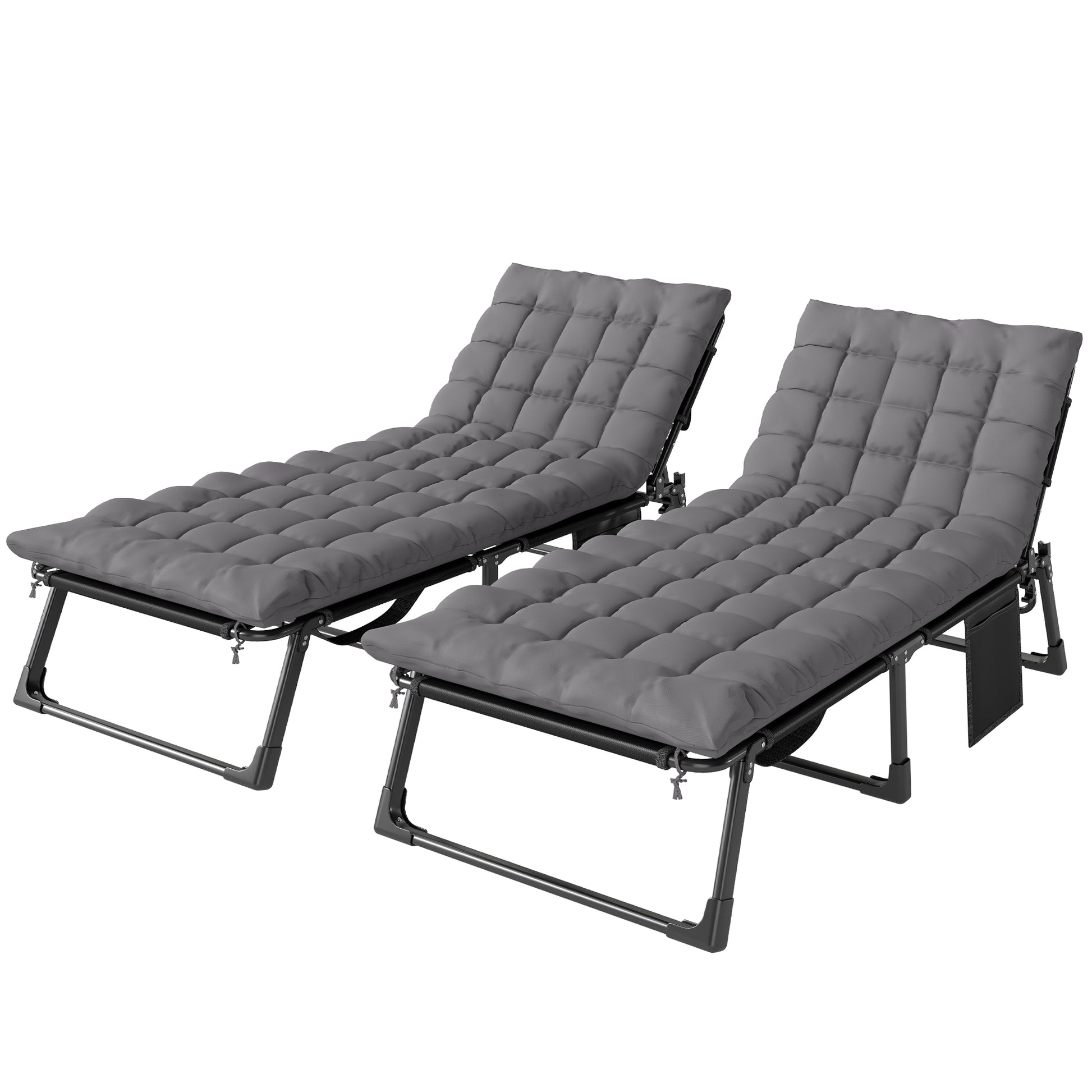 Photo of Outsunny Folding Sun Loungers for Garden Set of 2, 5-Position Oversized Camping Bed Recliner with Cushions, Dark Grey in Grey colour on a white background