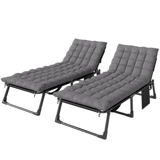 Photo of Outsunny Folding Sun Loungers for Garden Set of 2, 5-Position Oversized Camping Bed Recliner with Cushions, Dark Grey in Grey colour on a white background