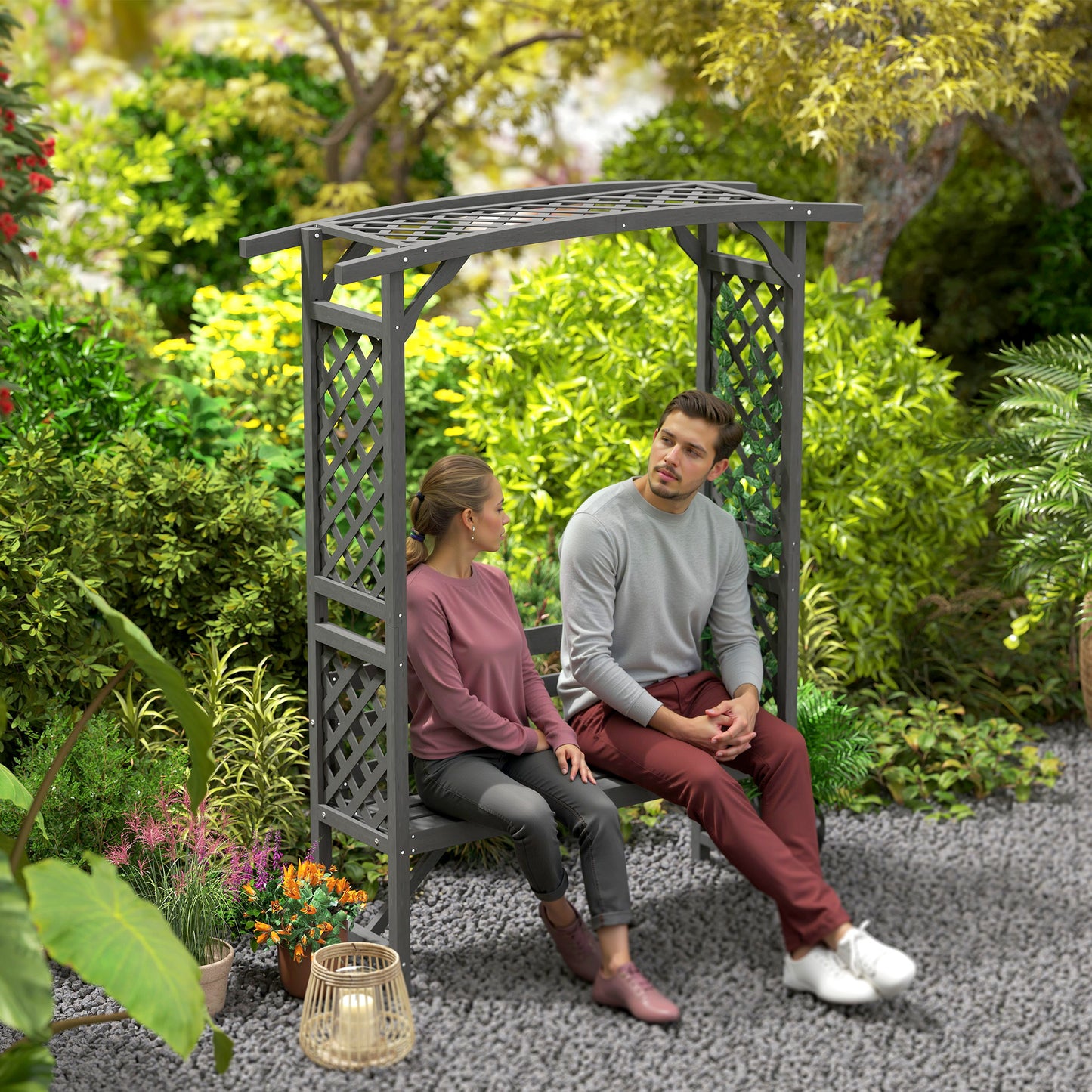 Outsunny Garden Bench, Wooden Garden Arbour with Seat for Vines/Climbing Plants, Grey