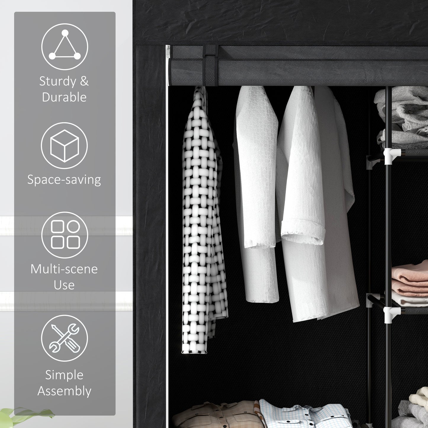 HOMCOM Fabric Wardrobe w/ Shelves Hanging Rail Foldable Wardrobe Black