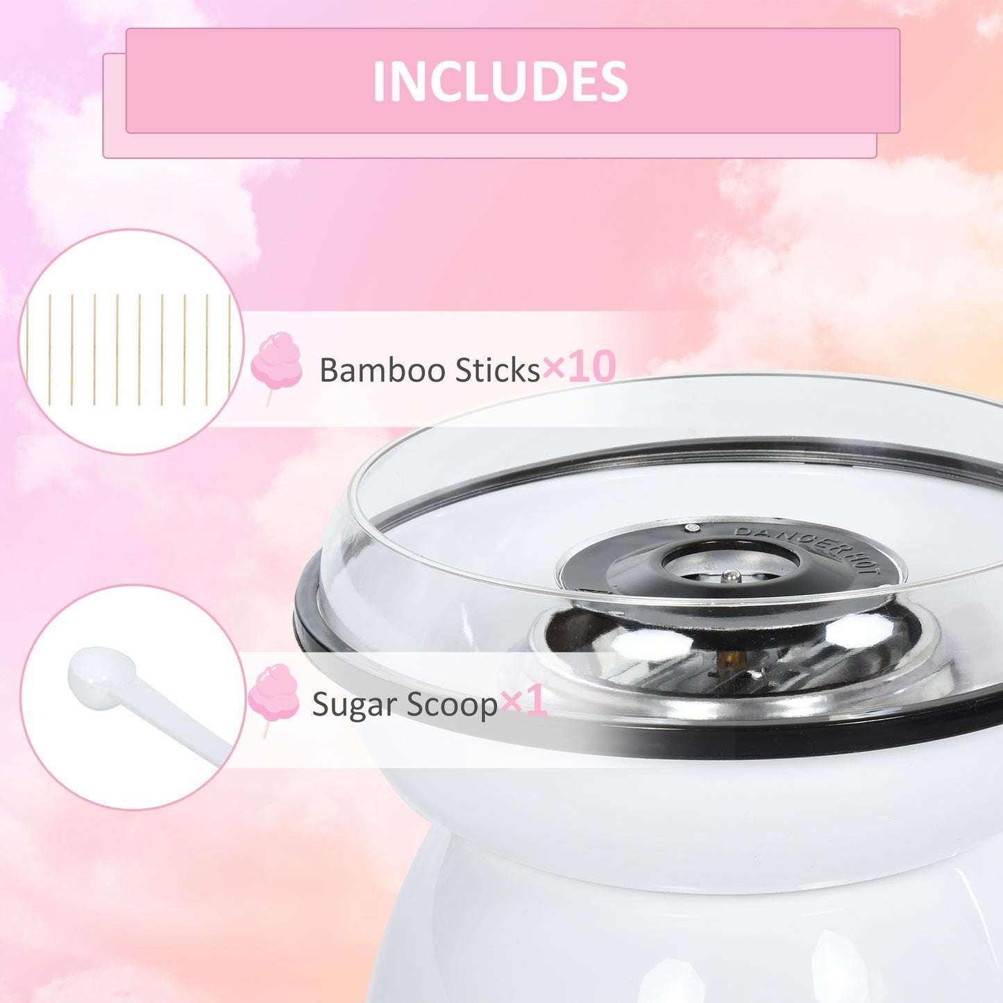 HOMCOM 450W Candy Floss Machine, Professional Automatic Cotton Candy Sweet Machine with Candyfloss Sticks, Spoon, Splash Guard, Non-Slip Base for Birthday Christmas Wedding Party, Funfair Style, White