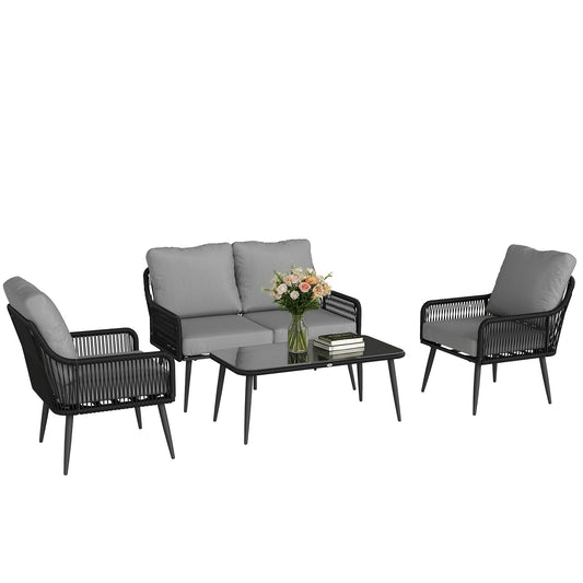 Photo of Outsunny Rattan Garden Furniture Set, 4 Piece Outdoor Patio Furniture with Tempered Glass Table and Chairs, Indoor Balcony Conservatory Set in Set colour on a white background
